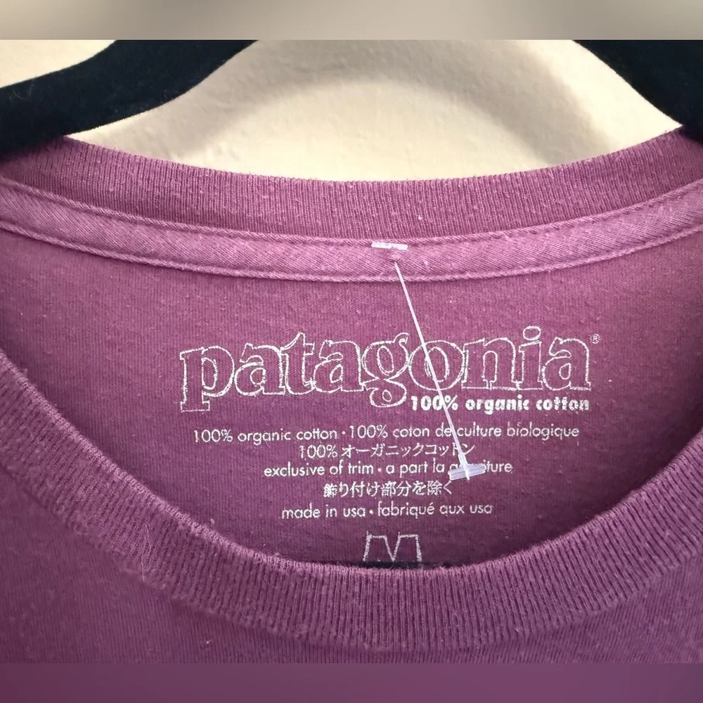Patagonia Organic Cotton Purple Maroon Tee with Guitar and LIVE SIMPLY graphic - Picture 7 of 7